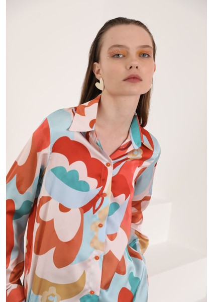 Saten Kumaş Renkli Çiçek Desen Kobe Kadın Gömlek-Tarçın