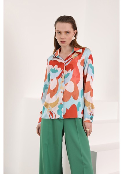 Saten Kumaş Renkli Çiçek Desen Kobe Kadın Gömlek-Tarçın modelleri