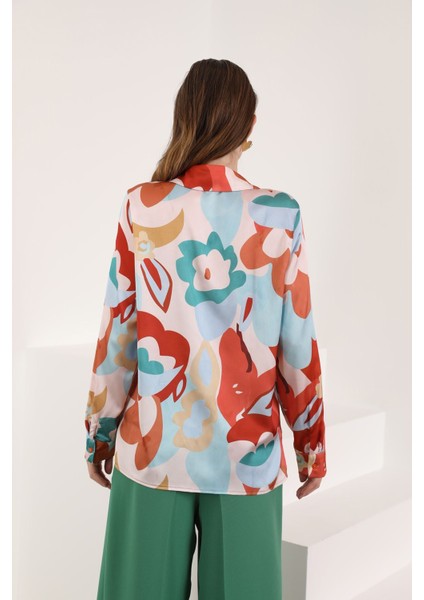 Saten Kumaş Renkli Çiçek Desen Kobe Kadın Gömlek-Tarçın indirimleri