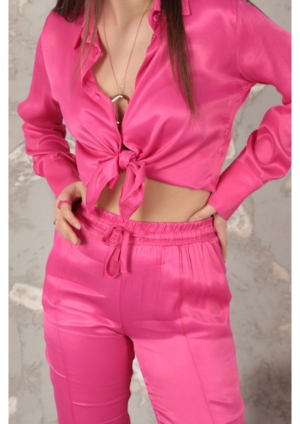 Saten Kumaş Basic Kadın Gömlek-Fuşya fiyatları