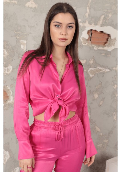 Saten Kumaş Basic Kadın Gömlek-Fuşya indirimleri