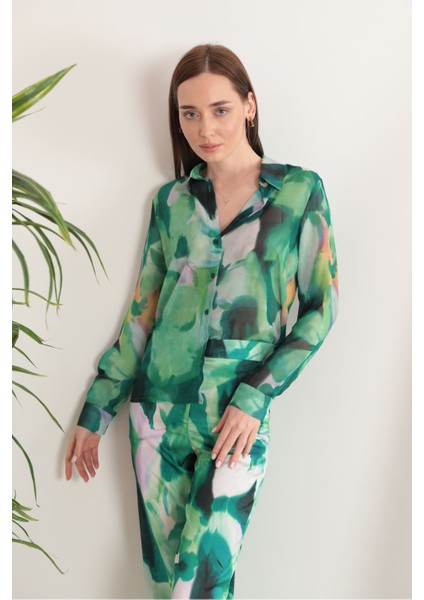 Şifon Kumaş Çiçek Desen Kadın Gömlek-Yeşil