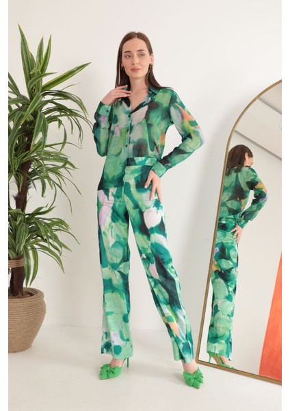 Şifon Kumaş Çiçek Desen Kadın Gömlek-Yeşil fiyatları