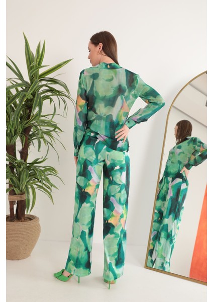 Şifon Kumaş Çiçek Desen Kadın Gömlek-Yeşil modelleri