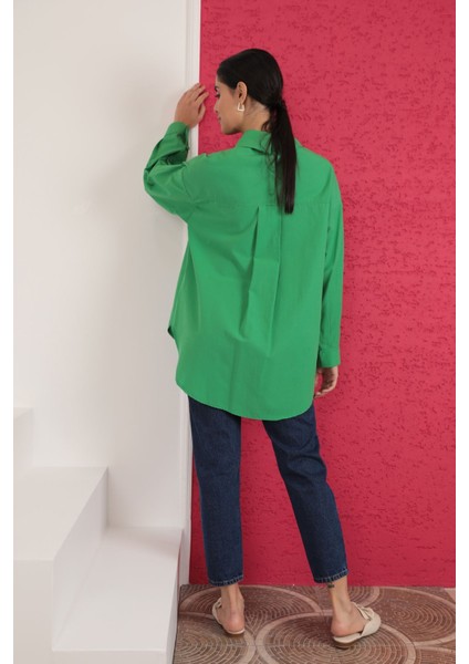 Soft Kumaş Kol ve Arka Roba Düğme Detay Kadın Gömlek-Yeşil fiyatları