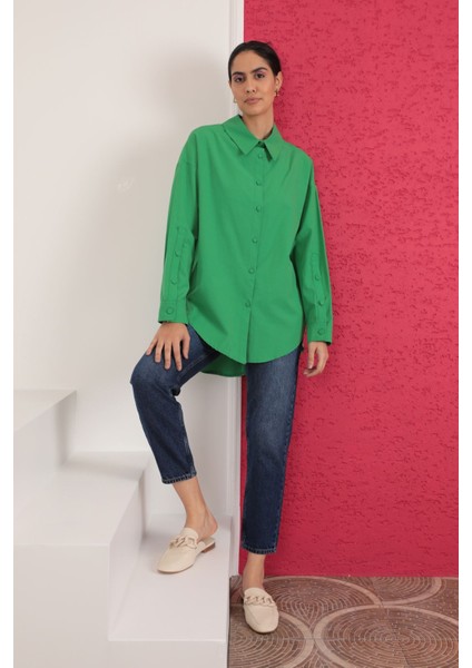 Soft Kumaş Kol ve Arka Roba Düğme Detay Kadın Gömlek-Yeşil fırsatları