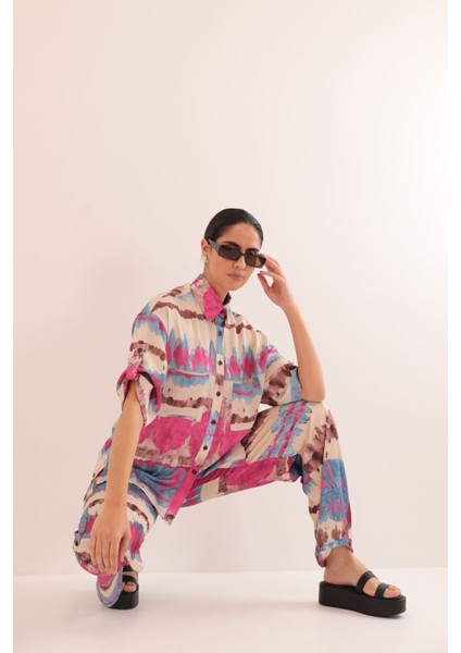 Saten Kumaş Batik Desen Truvakar Kol Kadın Gömlek-Fuşya modelleri