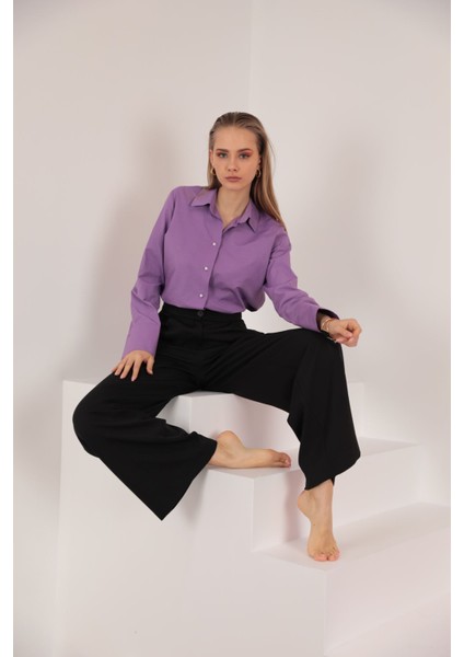 Soft Kumaş Crop Kadın Inci Düğme Detay Gömlek-Lila