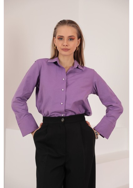 Soft Kumaş Crop Kadın Inci Düğme Detay Gömlek-Lila fiyatları