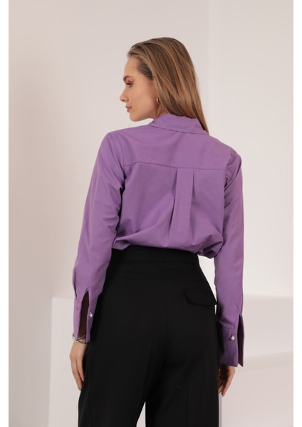 Soft Kumaş Crop Kadın Inci Düğme Detay Gömlek-Lila modelleri
