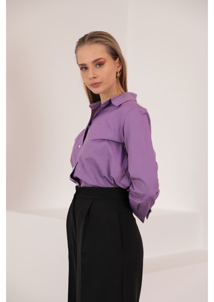 Soft Kumaş Crop Kadın Inci Düğme Detay Gömlek-Lila fırsatları