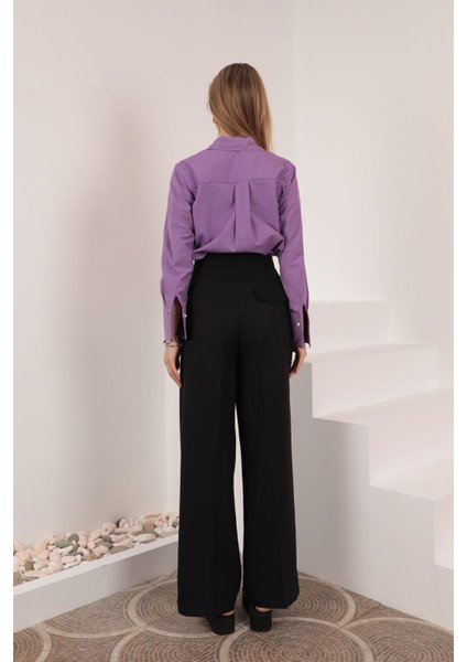 Soft Kumaş Crop Kadın Inci Düğme Detay Gömlek-Lila indirimleri