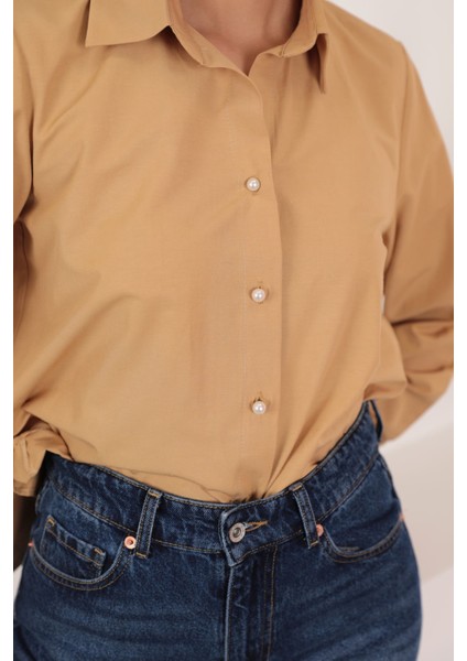 Soft Kumaş Crop Kadın Inci Düğme Detay Gömlek-Taba fiyatları