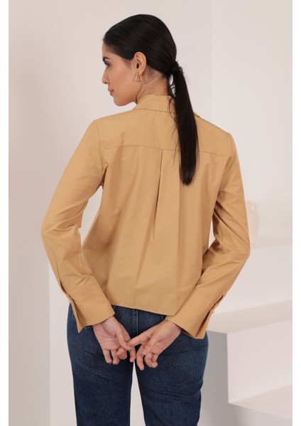 Soft Kumaş Crop Kadın Inci Düğme Detay Gömlek-Taba modelleri