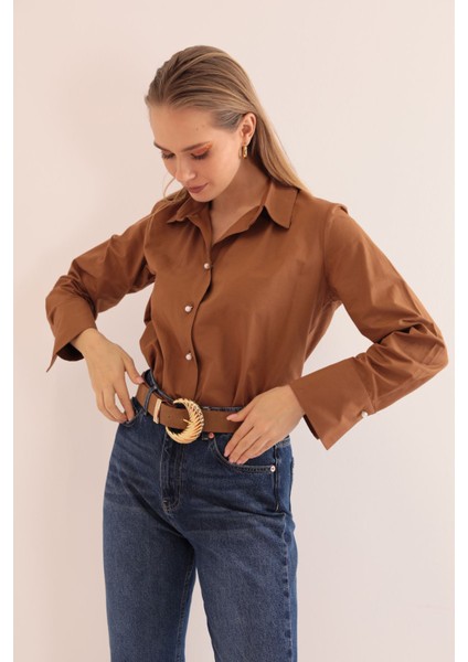 Soft Kumaş Crop Kadın Inci Düğme Detay Gömlek-Kahve