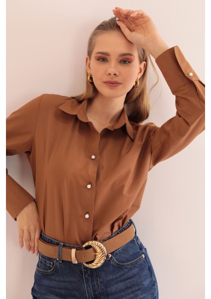 Soft Kumaş Crop Kadın Inci Düğme Detay Gömlek-Kahve indirimleri