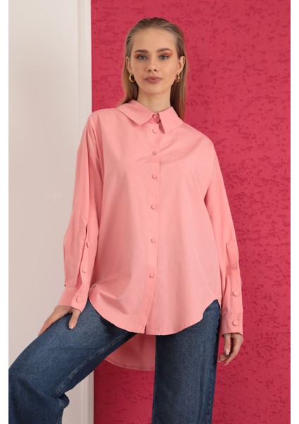 Soft Kumaş Kol ve Arka Roba Düğme Detay Kadın Gömlek-Nar Çiçeği