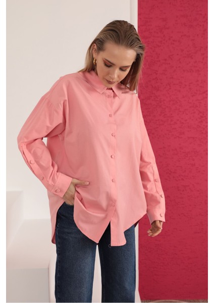 Soft Kumaş Kol ve Arka Roba Düğme Detay Kadın Gömlek-Nar Çiçeği modelleri