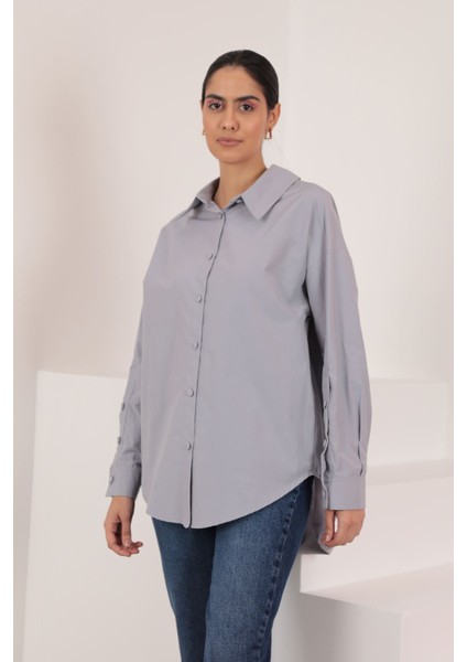 Soft Kumaş Kol ve Arka Roba Düğme Detay Kadın Gömlek-Gri fırsatları
