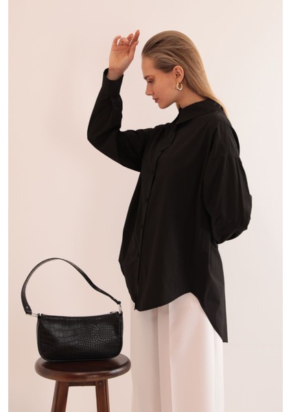 Soft Kumaş Kol ve Arka Roba Düğme Detay Kadın Gömlek-Siyah fırsatları