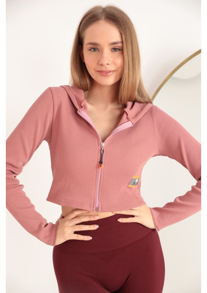Kaşkorse Kumaş Crop Fermuarlı Kadın Hırka-Gül Kurusu