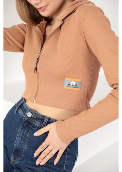 Kaşkorse Kumaş Crop Fermuarlı Kadın Hırka-Kahve