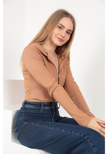 Kaşkorse Kumaş Crop Fermuarlı Kadın Hırka-Kahve fiyatları