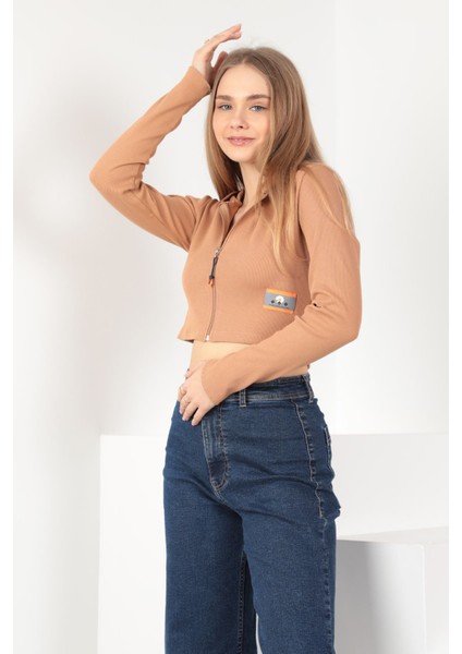 Kaşkorse Kumaş Crop Fermuarlı Kadın Hırka-Kahve fırsatları