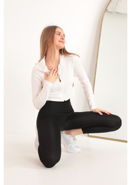 Kaşkorse Kumaş Crop Fermuarlı Kadın Hırka-Ekru fırsatları