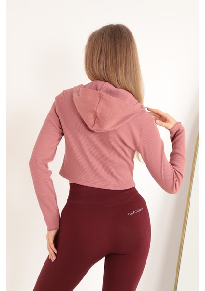 Kaşkorse Kumaş Crop Fermuarlı Kadın Hırka-Gül Kurusu fiyatları