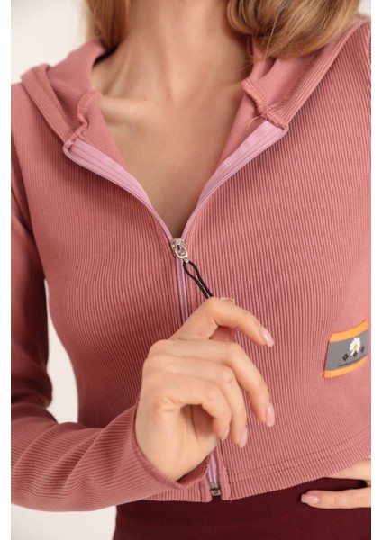 Kaşkorse Kumaş Crop Fermuarlı Kadın Hırka-Gül Kurusu modelleri