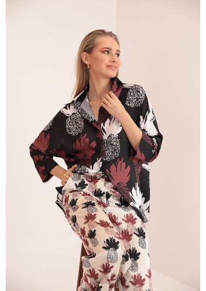 Kobe Saten Kumaş Ananas Desen Kadın Gömlek-Kahve