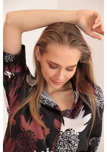 Kobe Saten Kumaş Ananas Desen Kadın Gömlek-Kahve fiyatları