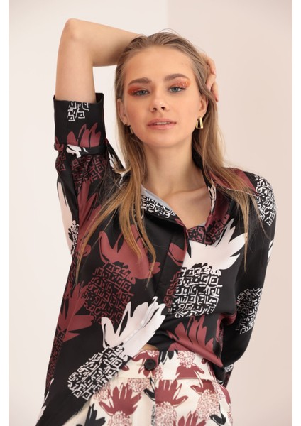 Kobe Saten Kumaş Ananas Desen Kadın Gömlek-Kahve modelleri