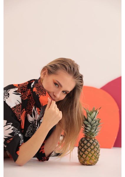 Kobe Saten Kumaş Ananas Desen Kadın Gömlek-Oranj