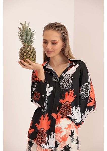 Kobe Saten Kumaş Ananas Desen Kadın Gömlek-Oranj fiyatları