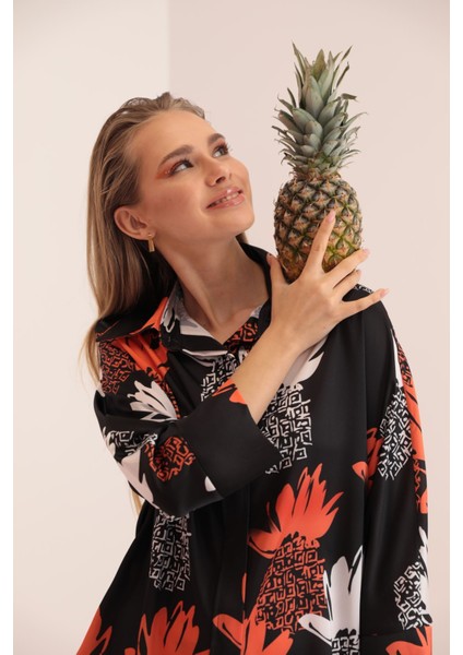 Kobe Saten Kumaş Ananas Desen Kadın Gömlek-Oranj modelleri