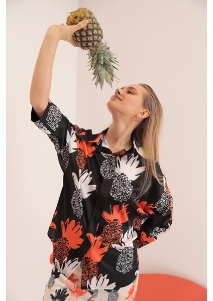 Kobe Saten Kumaş Ananas Desen Kadın Gömlek-Oranj fırsatları