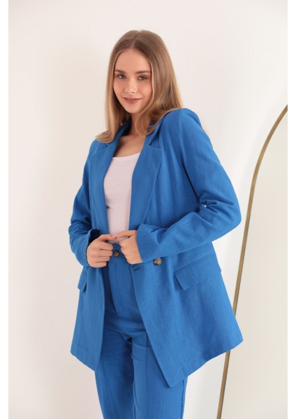 Keten Kumaş Oversize Kadın Ceket-Indigo