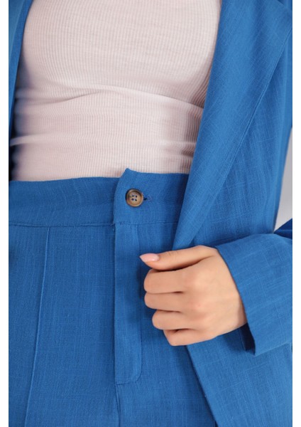 Keten Kumaş Oversize Kadın Ceket-Indigo