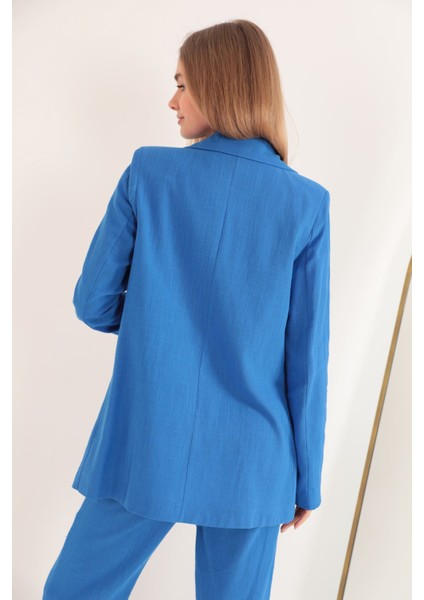 Keten Kumaş Oversize Kadın Ceket-Indigo