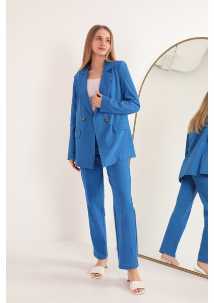 Keten Kumaş Oversize Kadın Ceket-Indigo