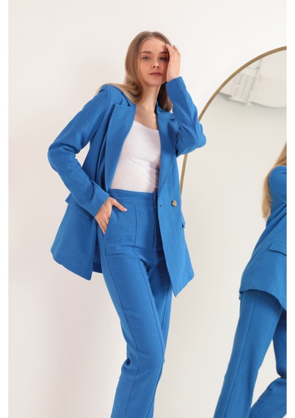 Keten Kumaş Oversize Kadın Ceket-Indigo
