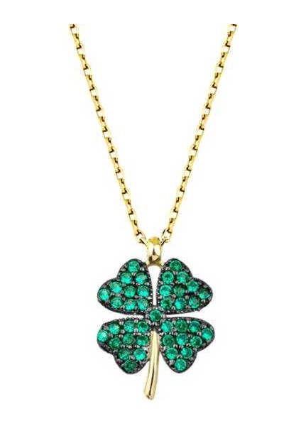 925 Ayar Gümüş Gold Dört Yapraklı Yonca Kadın Gümüş Kolye