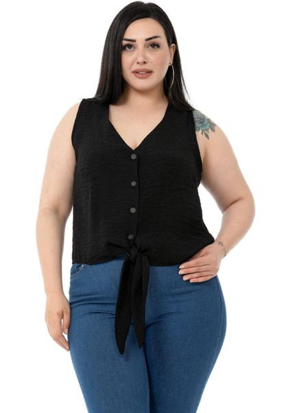 Büyük Beden Bağlama Detaylı Kolsuz Siyah Bluz fiyatları
