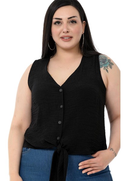 Büyük Beden Bağlama Detaylı Kolsuz Siyah Bluz indirimleri