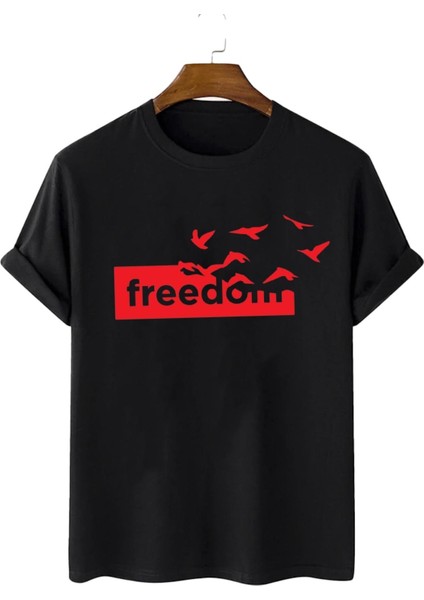 Freedom  Yazılı Pamuklu Oversize Tişört.  Özgürlük Yazılı ve Uçan Özgür Kuşlar Temalı Unisex Tişört