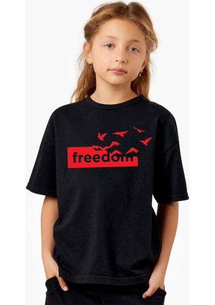 Freedom  Yazılı Pamuklu Oversize Tişört.  Özgürlük Yazılı ve Uçan Özgür Kuşlar Temalı Unisex Tişört