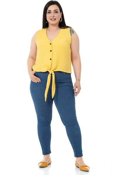 Büyük Beden Bağlama Detaylı Kolsuz Sarı Bluz