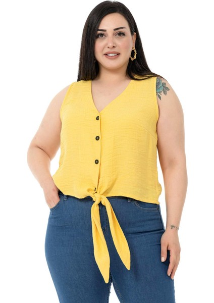 Büyük Beden Bağlama Detaylı Kolsuz Sarı Bluz fiyatları